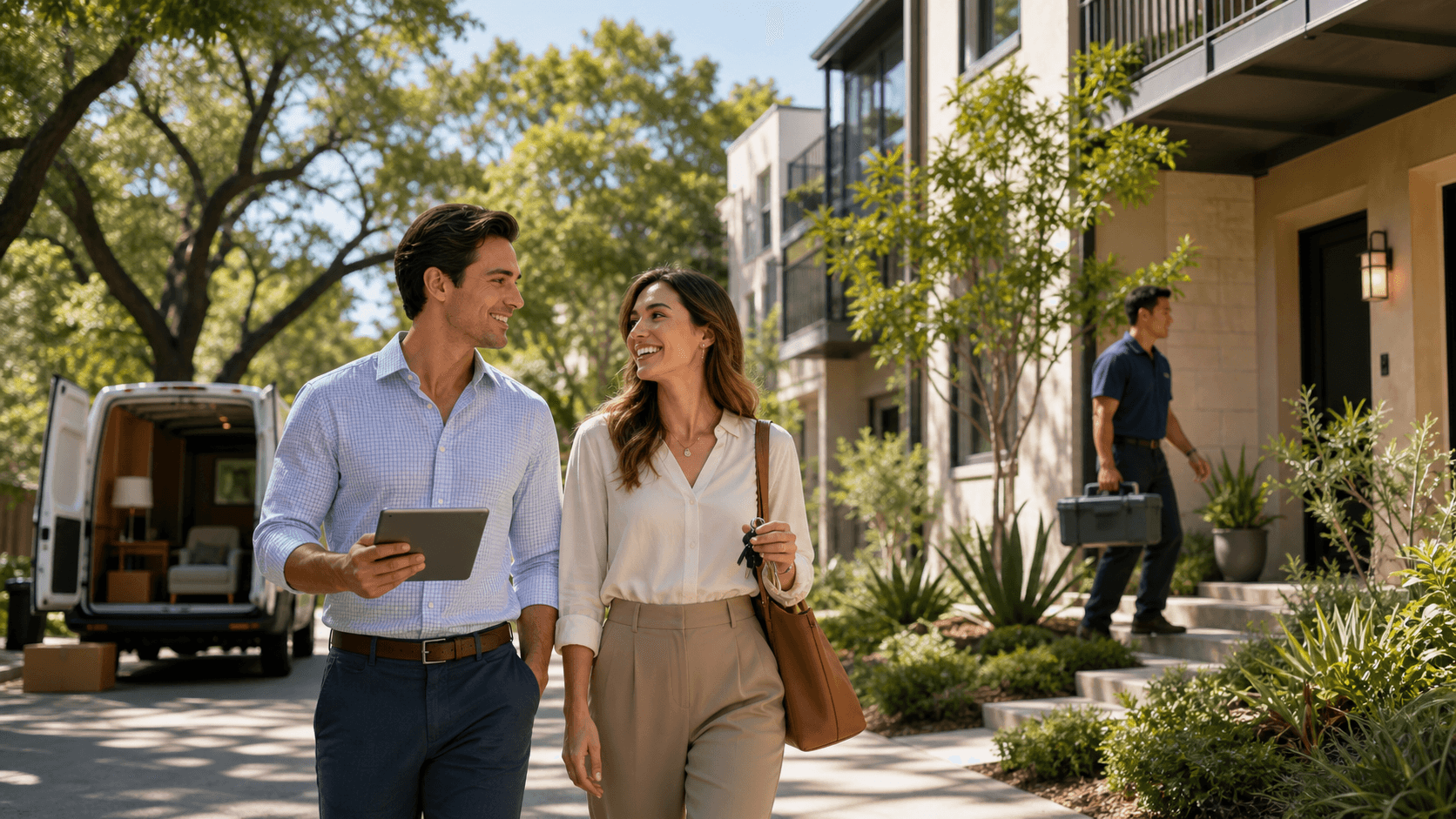 Sunlit street lined with modern mid-rise apartments, leafy trees, and sidewalk shadows under a clear blue sky
