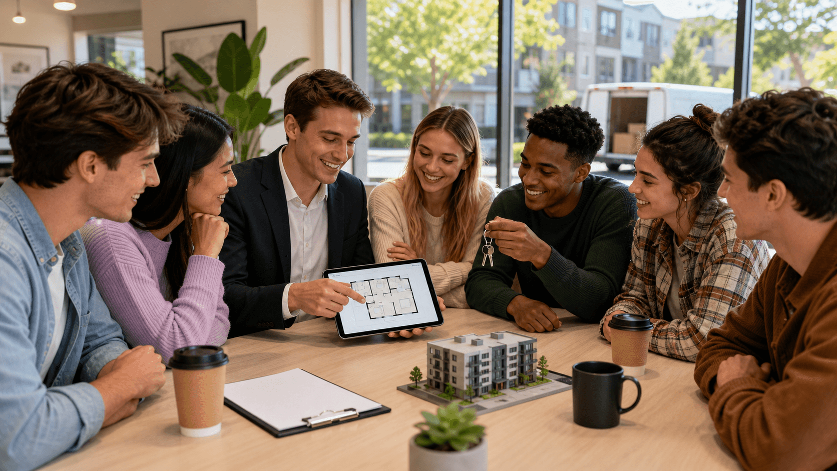Illustration of a smartphone group chat beside a lease document and keys on a desk, warm orange and blue tones.