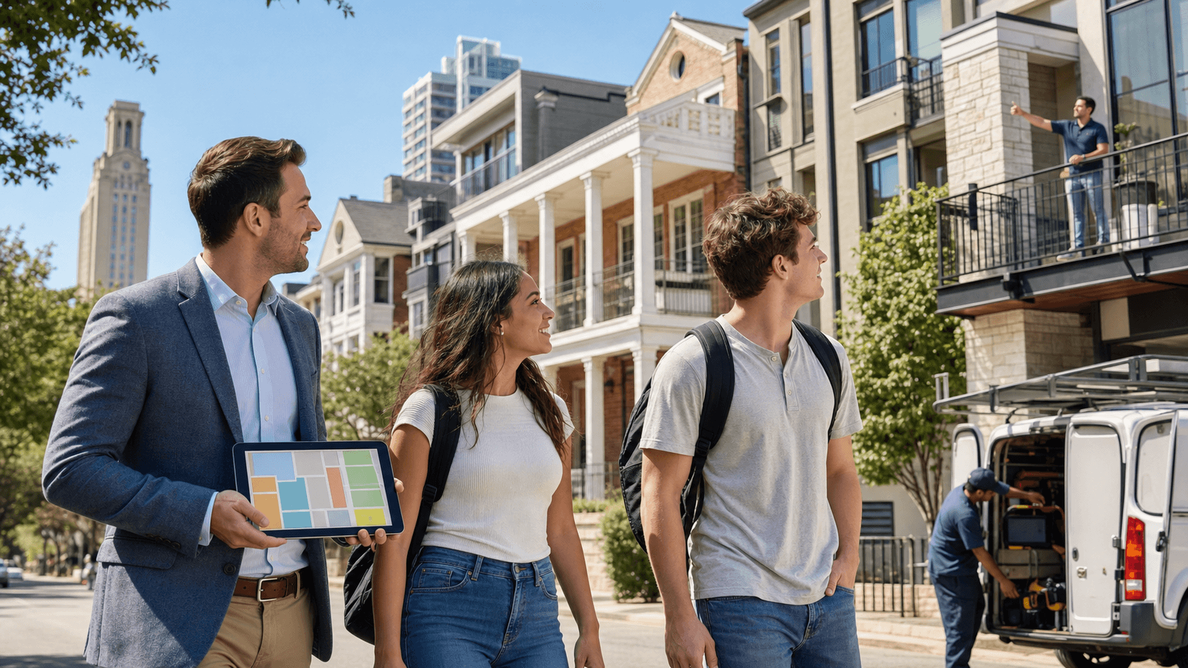 Stylized campus street map with orange and blue blocks, UT tower icon, and pin markers in soft daylight.