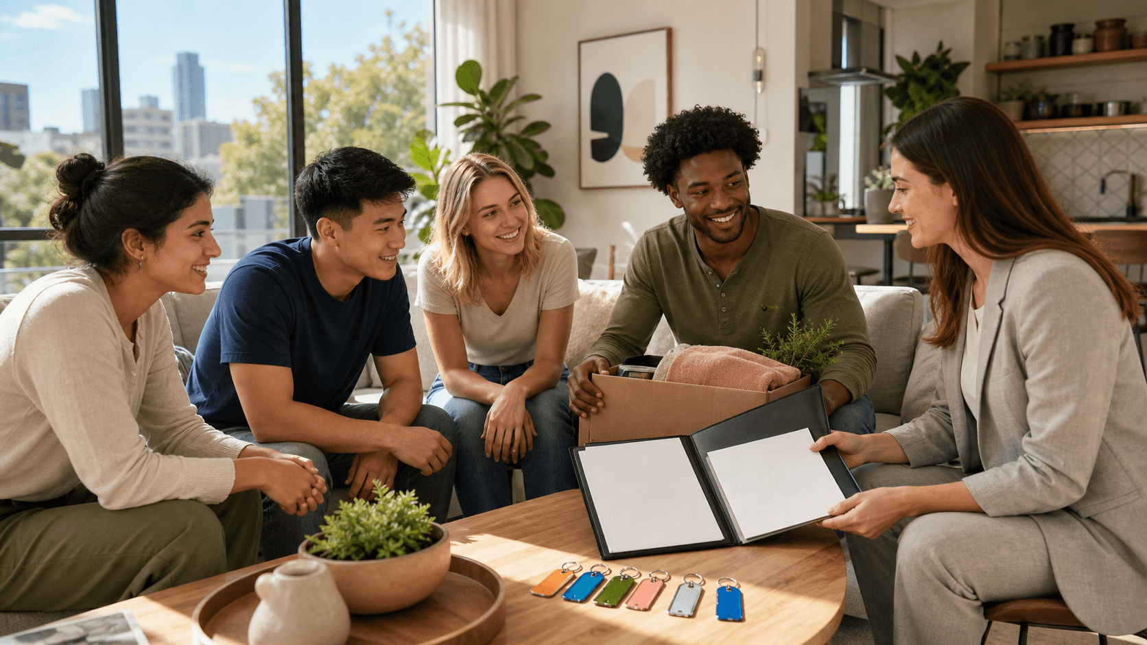 Students reviewing lease papers around a sunlit wooden table, with Austin skyline visible through windows.