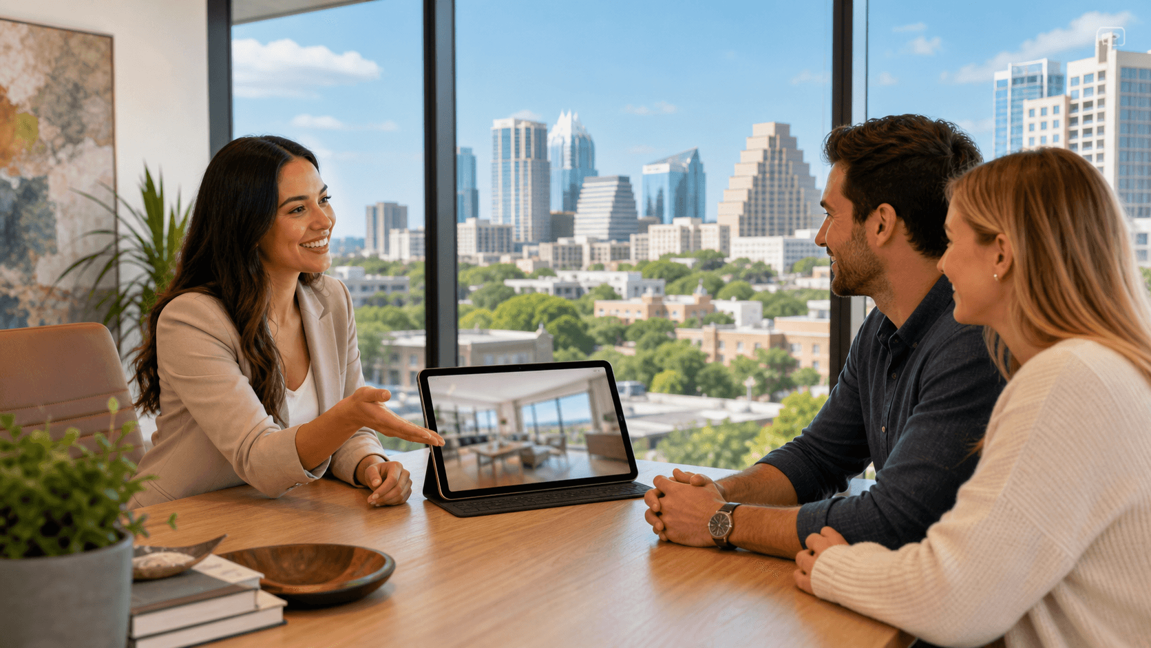 Sunlit Austin skyline beside a laptop displaying rental listings and a map with location pins