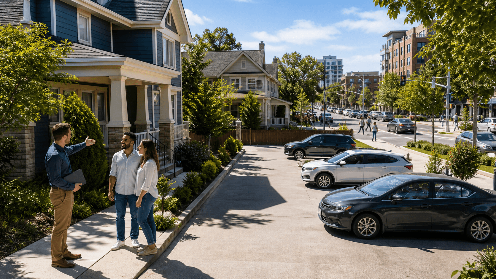 Sunlit aerial view of tree-lined streets, compact homes, parked cars, and a distant university tower.