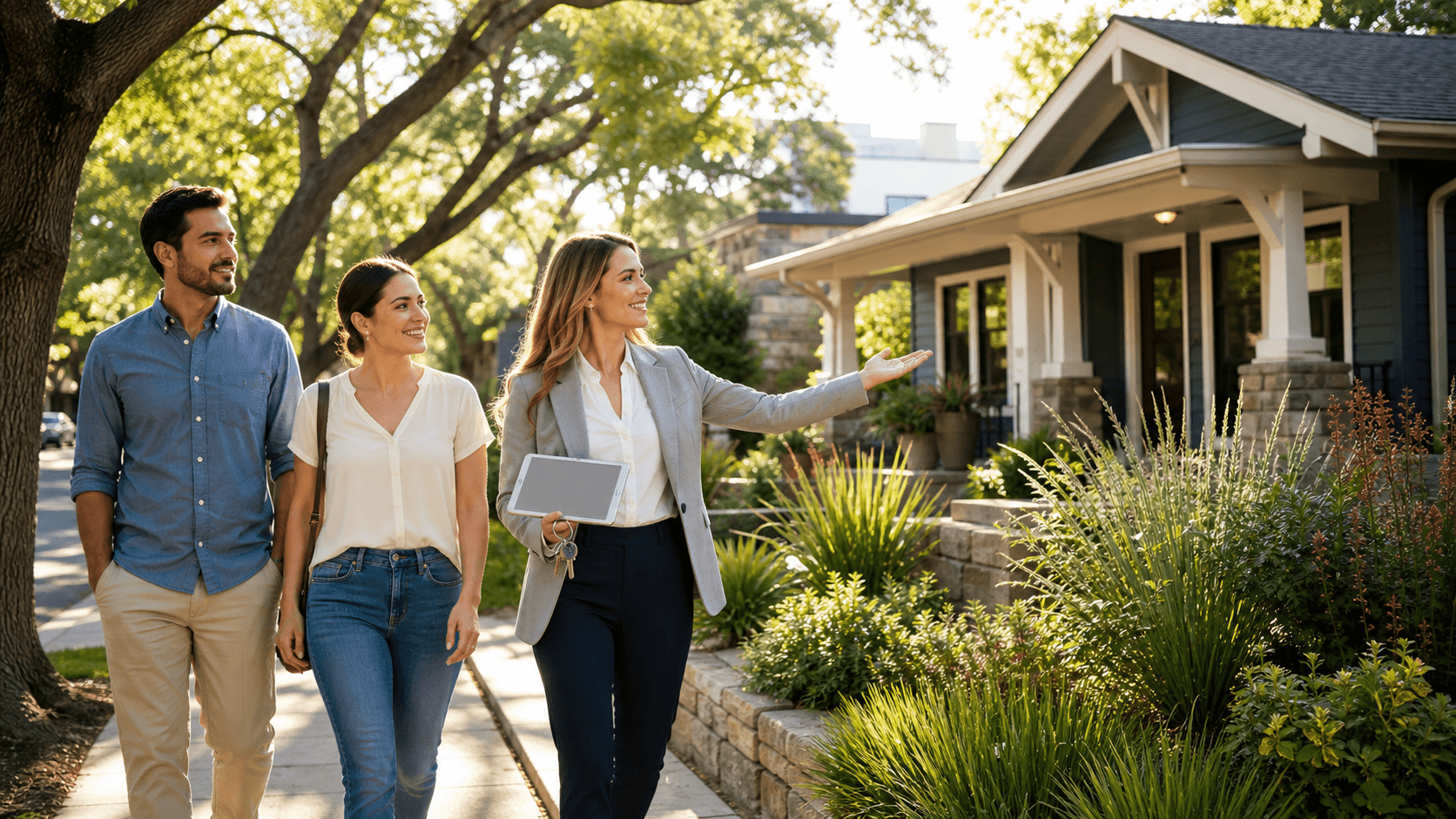 Sunlit Austin street lined with modest houses, leafy trees, and parked cars beneath a clear blue sky.