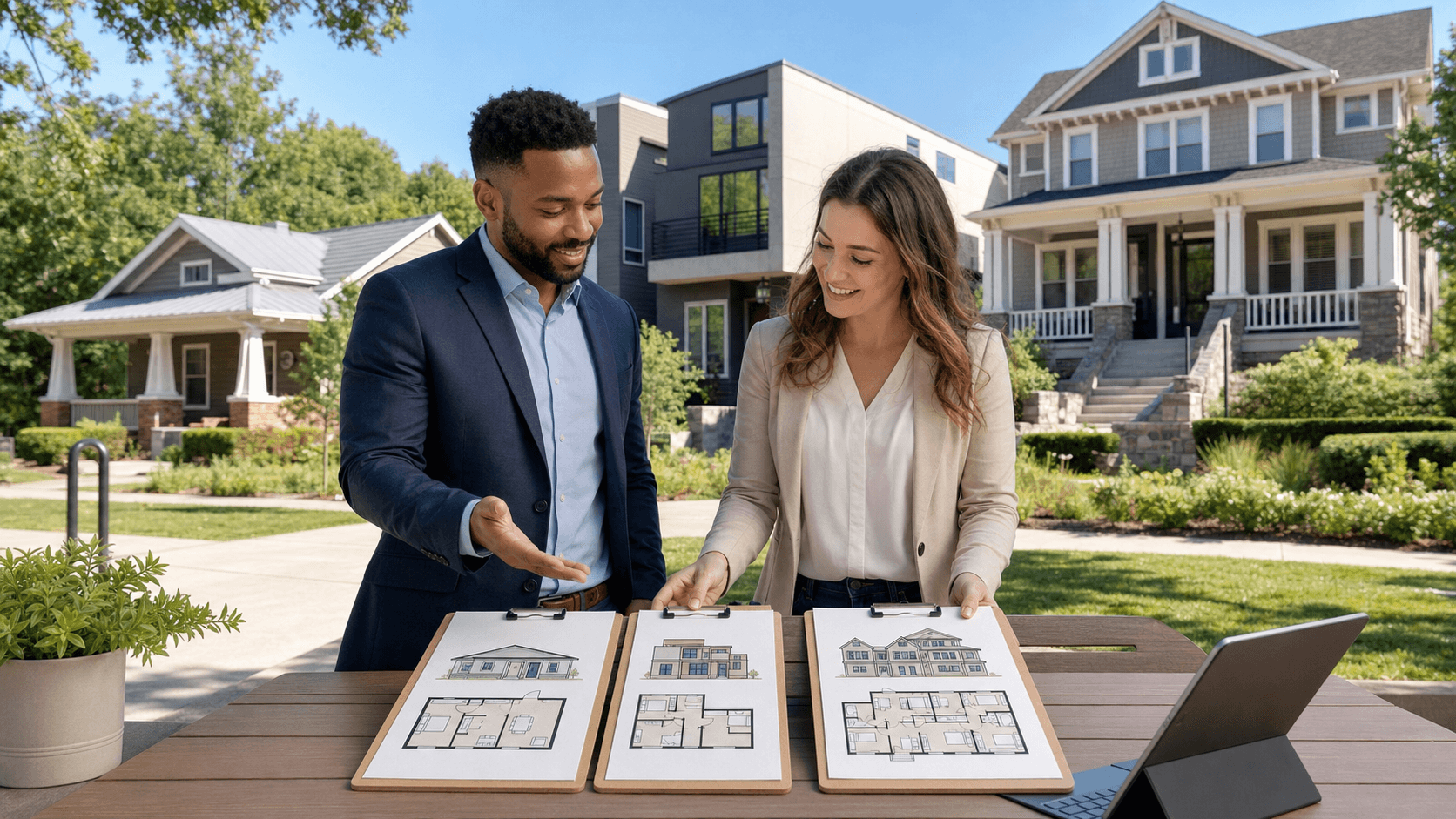 Split-screen comparison graphic of three houses, each labeled with rent, on a clean white background with blue accents.